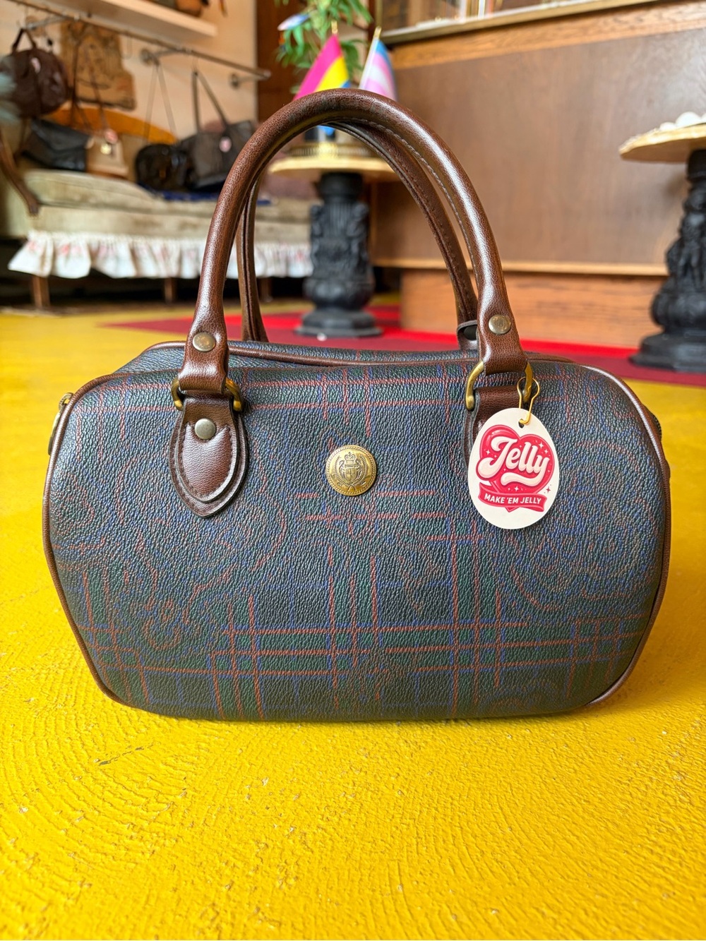 Vintage Liz Claiborne Barrel Satchel Handbag in Dark Brown & Green Plaid